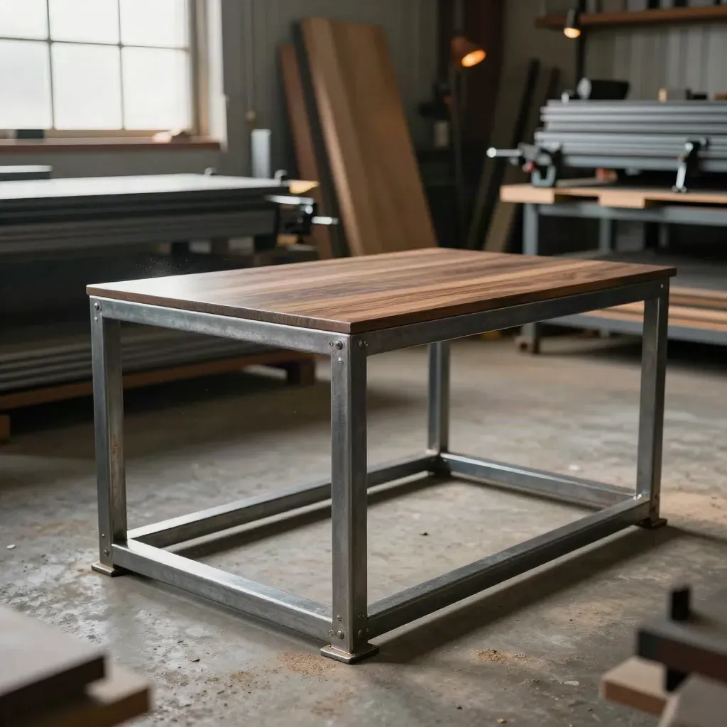 Square-tube furniture frames with a walnut seat blank in a glowing metal workshop