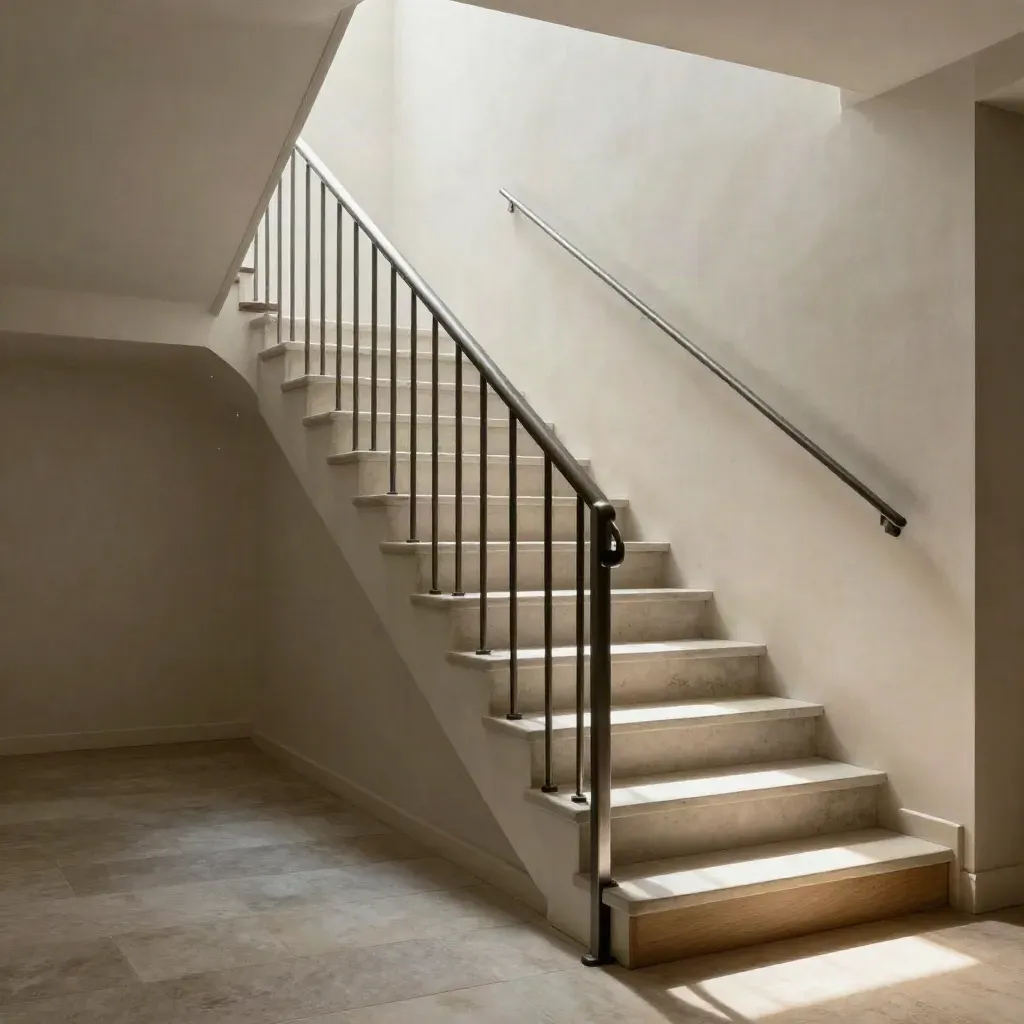 Brushed metal handrail climbing a stone stair in a bright elegant interior