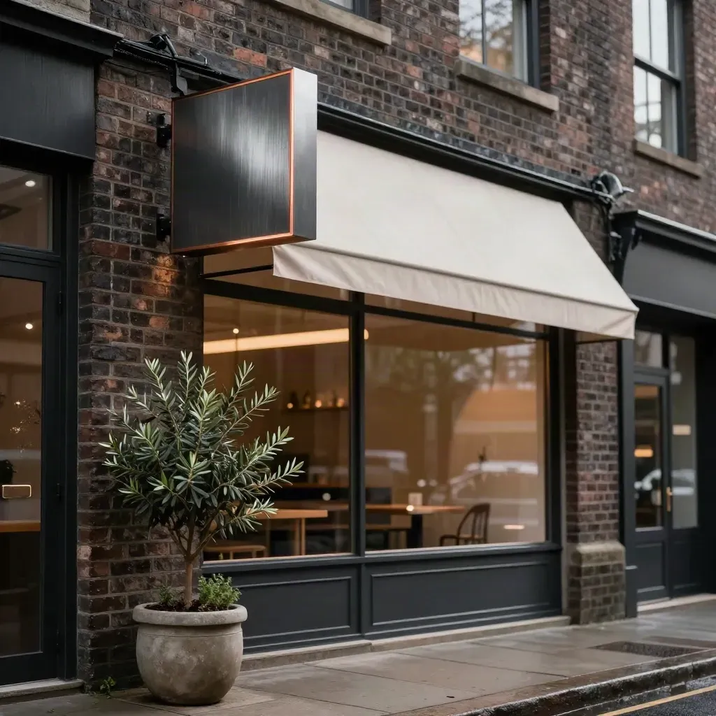 Low-angle storefront with a minimalist cafe sign above a slim awning after rain.