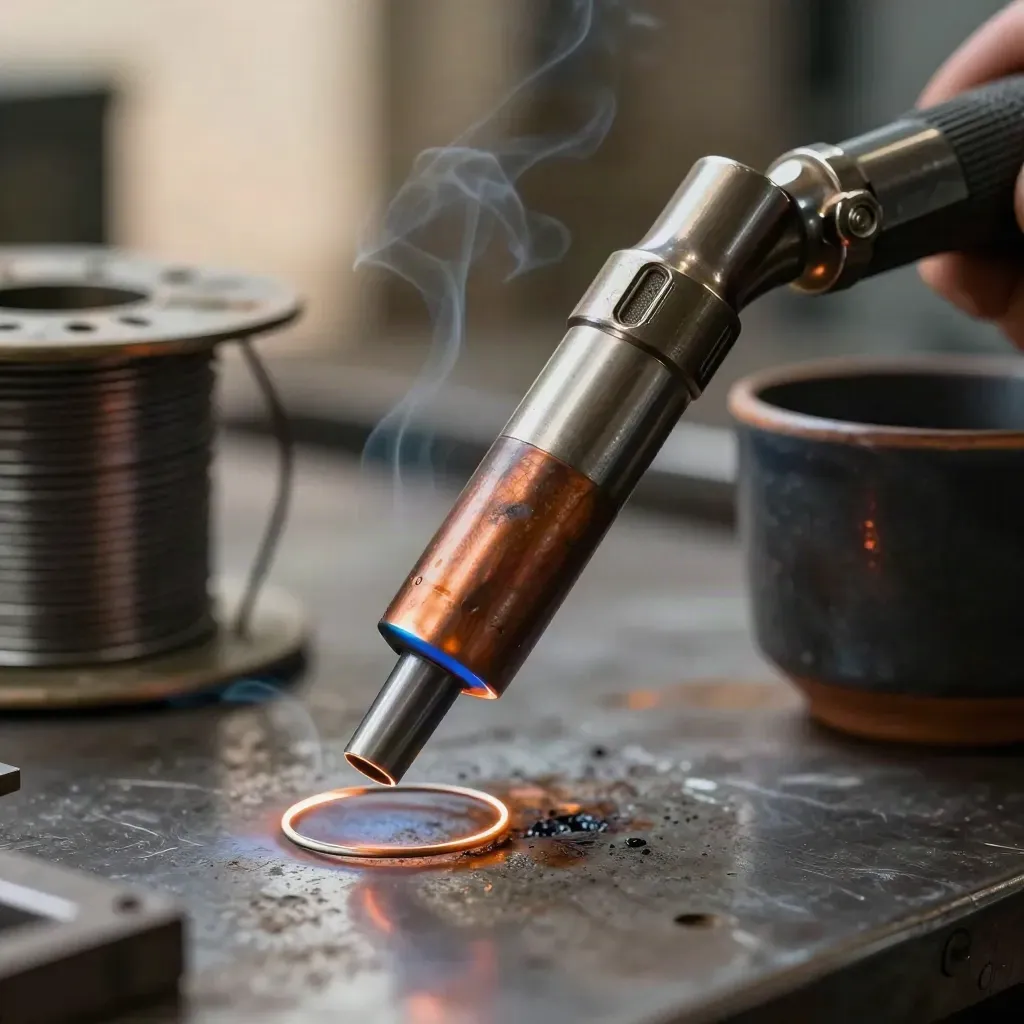 Macro welder torch nozzle, wire spool, ceramic cup and scorched steel offcuts in smoky workshop light.
