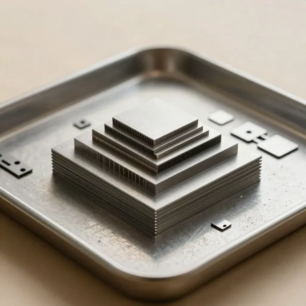 Close-up of steel finish chips, spacer blocks, and laser-cut mockup pieces on a fabrication tray.