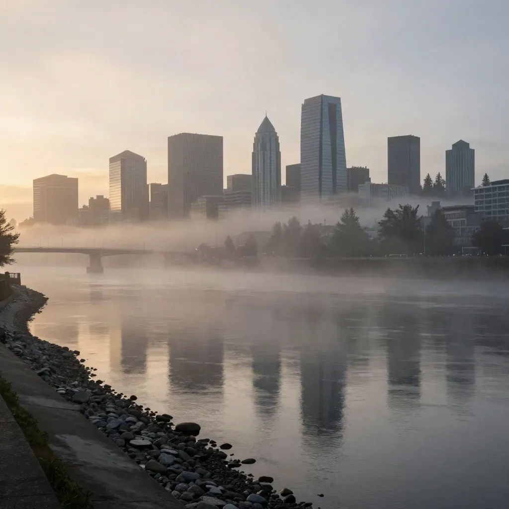Mist-soft Portland skyline above a quiet river edge and evergreen ridge at dawn.