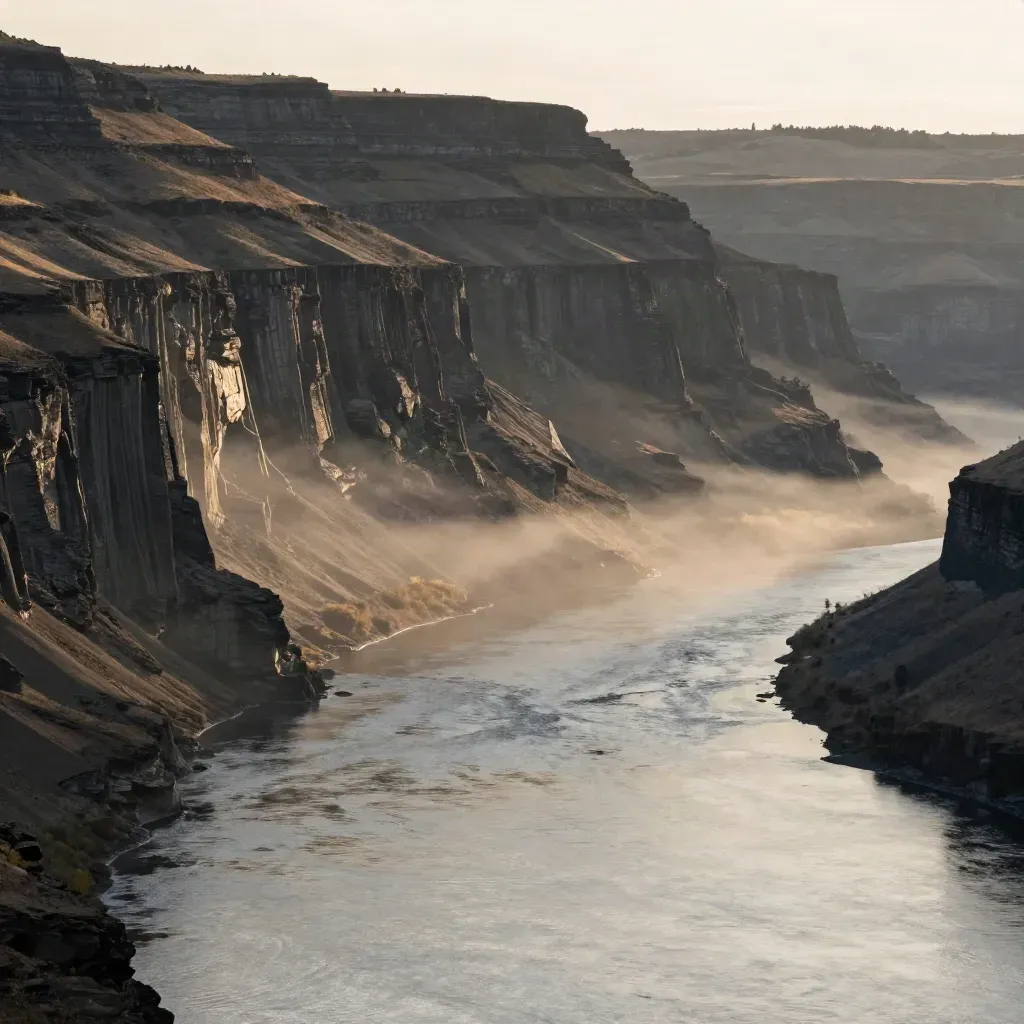 Basalt cliffs and a misty river bend in the Columbia Gorge under soft raking light.