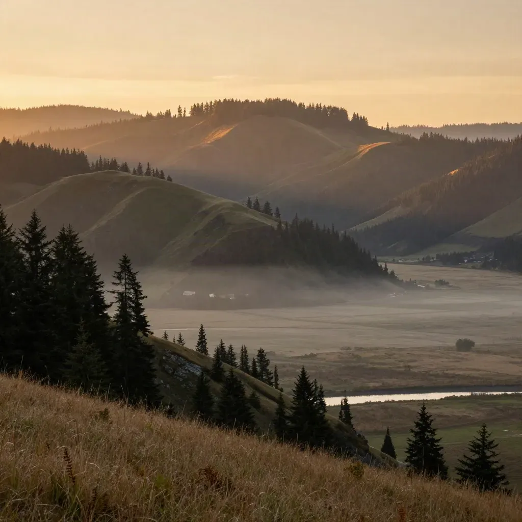 Golden-hour Southwest Washington hills, river plain, and distant ridge in warm mist.