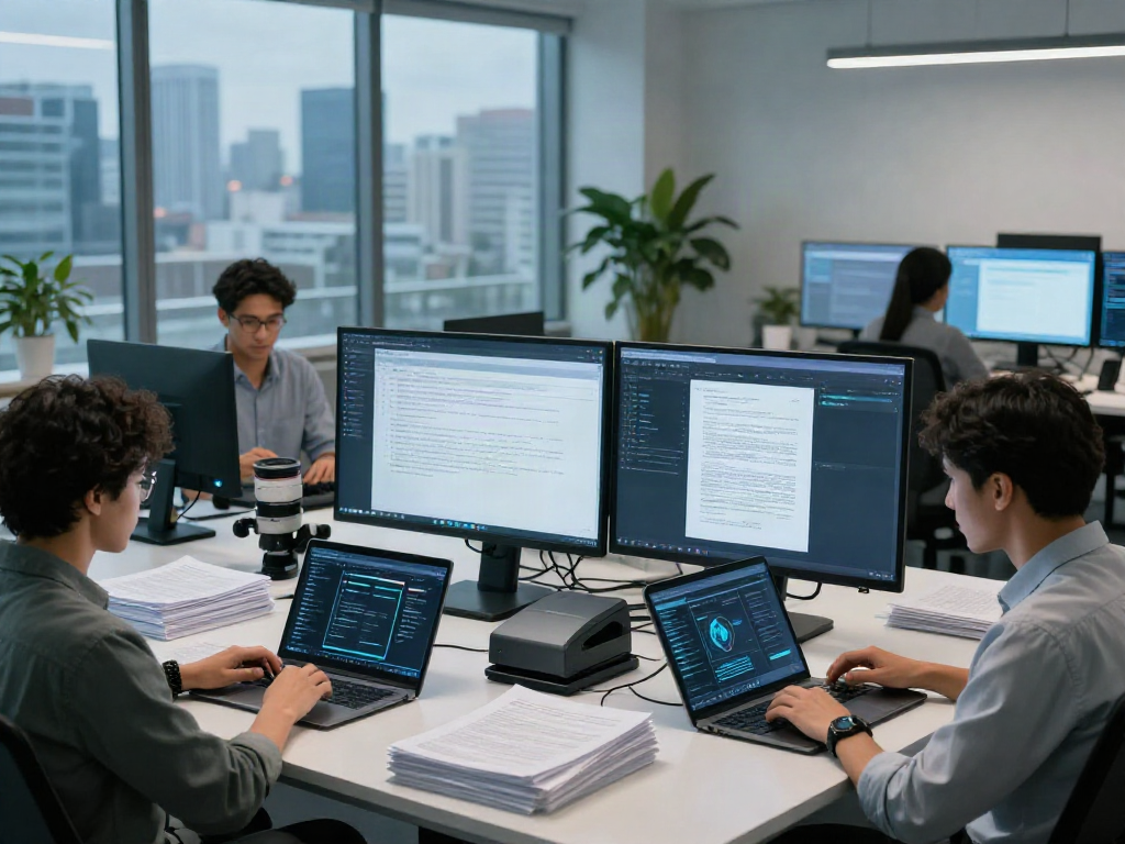 Document fraud detection professionals analyzing documents in a high-tech office environment
